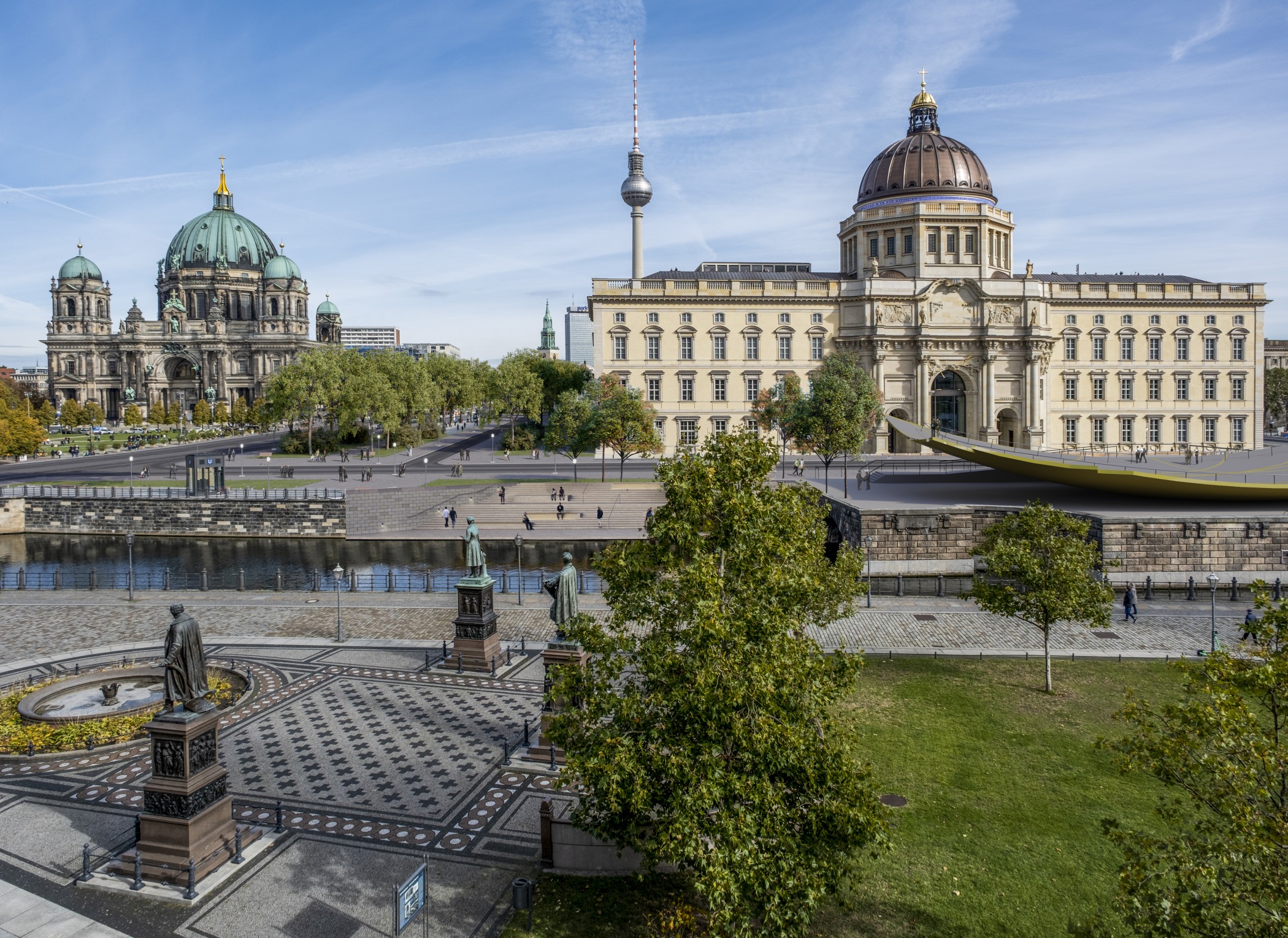 Panoramablick vom Schinkelplatz in Berlin-Mitte auf den Berliner Dom, das Humboldt Forum und die Uferpromenade der Spree.