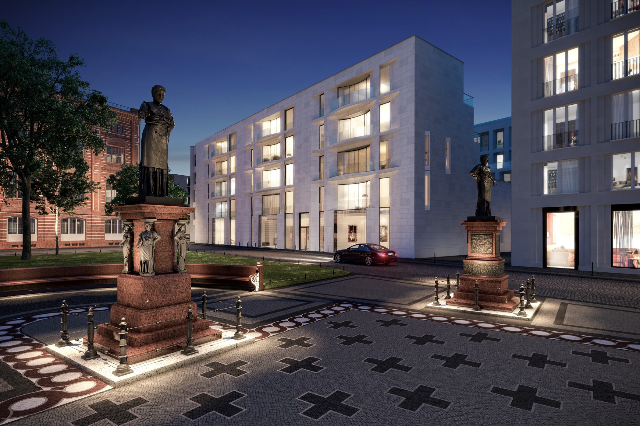 Statue von Karl Friedrich Schinkel bei nacht vor modernen Wohnresidenzen am Schinkelplatz in Berlin-Mitte.