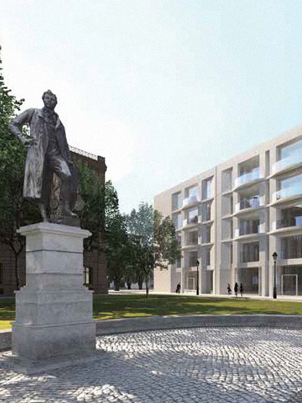 Visualisierung des Schinkelplatzes mit Denkmal auf hohem Sockel vor einem hellen Wohngebäude mit Loggien