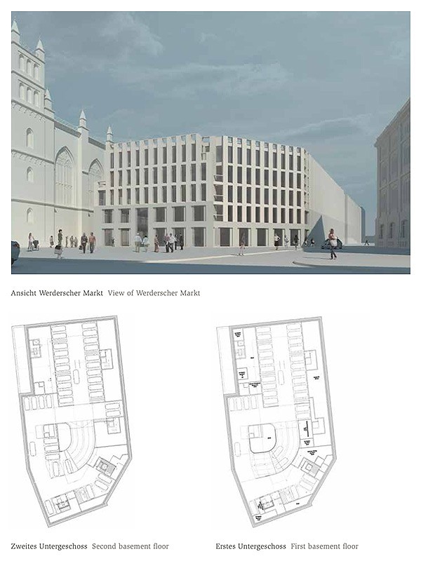 Planblatt mit Visualisierung der Ansicht vom Werderschen Markt neben der Friedrichswerderschen Kirche und Grundrissen der beiden Untergeschosse