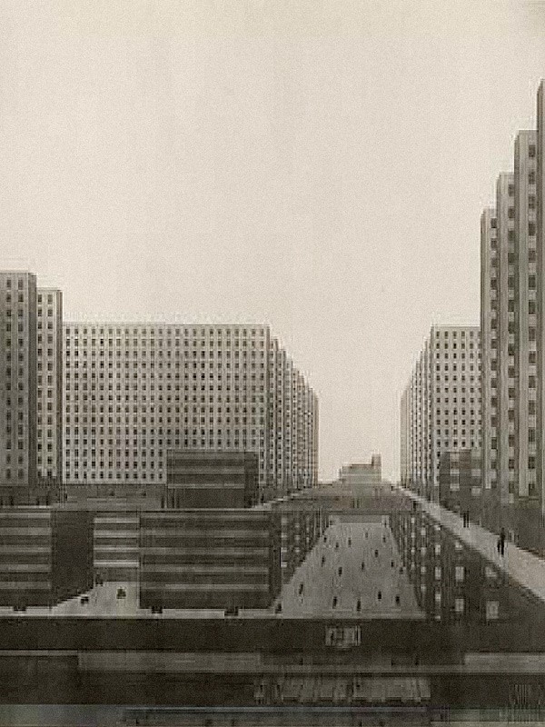 Historische Schwarzweiß-Darstellung einer Hochhausstadt mit gleichförmigen Wohnblöcken und mehreren Straßenebenen