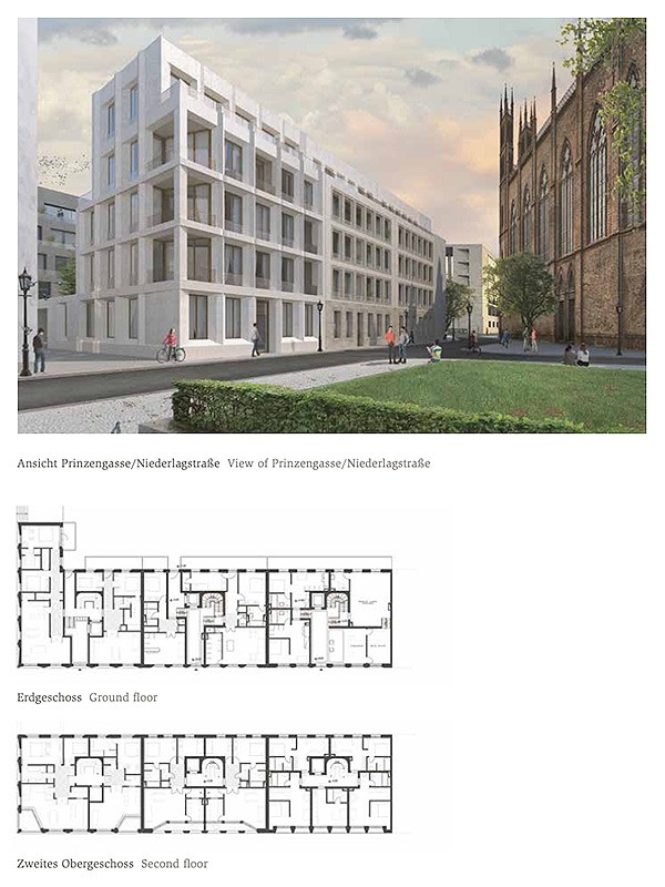 Planblatt mit Visualisierung der Ansicht Prinzengasse/Niederlagstraße und Grundrissen von Erdgeschoss und zweitem Obergeschoss