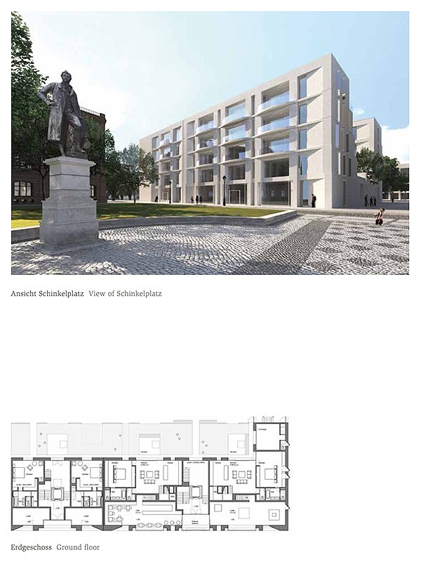 Planblatt mit Visualisierung der Ansicht vom Schinkelplatz mit Denkmal und Grundriss des Erdgeschosses