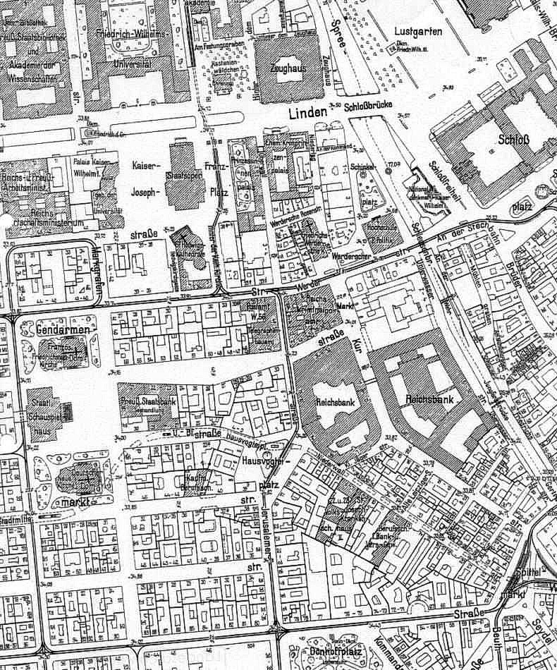 Historischer Stadtplan von Berlin-Mitte mit Zeughaus, Schloss, Schinkelplatz, Werderschem Markt und Reichsbank