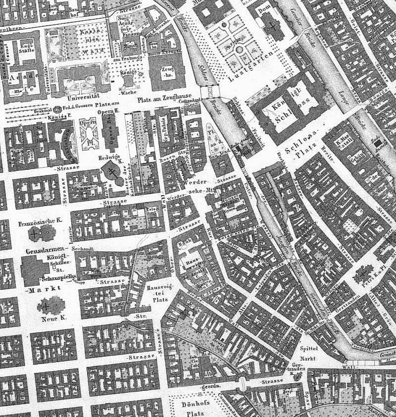 Historischer Stadtplan von Berlin-Mitte mit Lustgarten, Schloss, Werderschem Markt, Bauakademie und Gendarmenmarkt