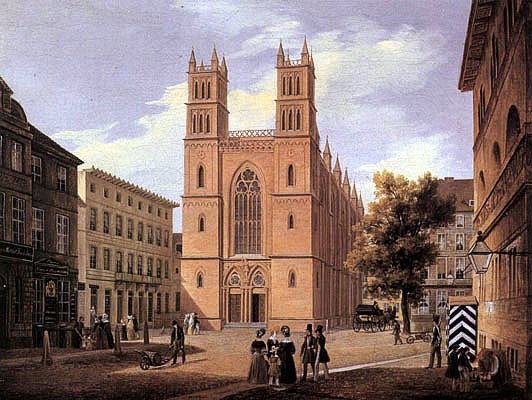Gemälde der Friedrichswerderschen Kirche am Werderschen Markt mit Passanten und Kutsche im Vordergrund