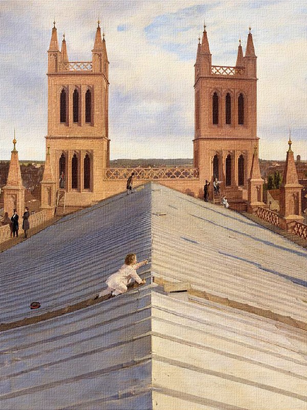 Ausschnitt aus Eduard Gaertners Ölgemälde Panorama von Berlin vom Dach der Friedrichswerderschen Kirche mit ihren beiden Türmen