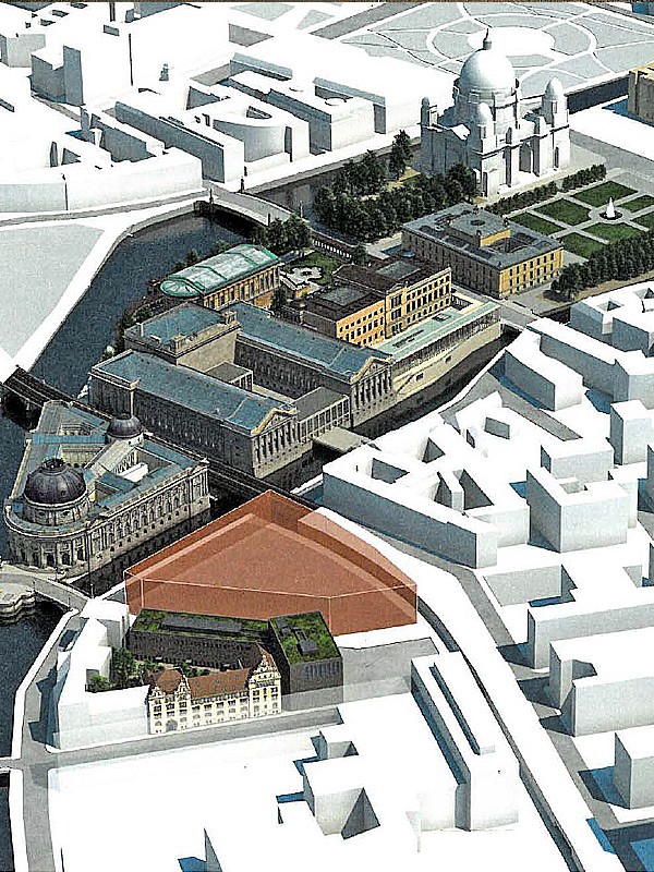 Luftbilddarstellung des Berliner Schinkelplatz-Areals mit Museumsinsel, Berliner Dom und markierter Blockstruktur rund um den Werderschen Markt.